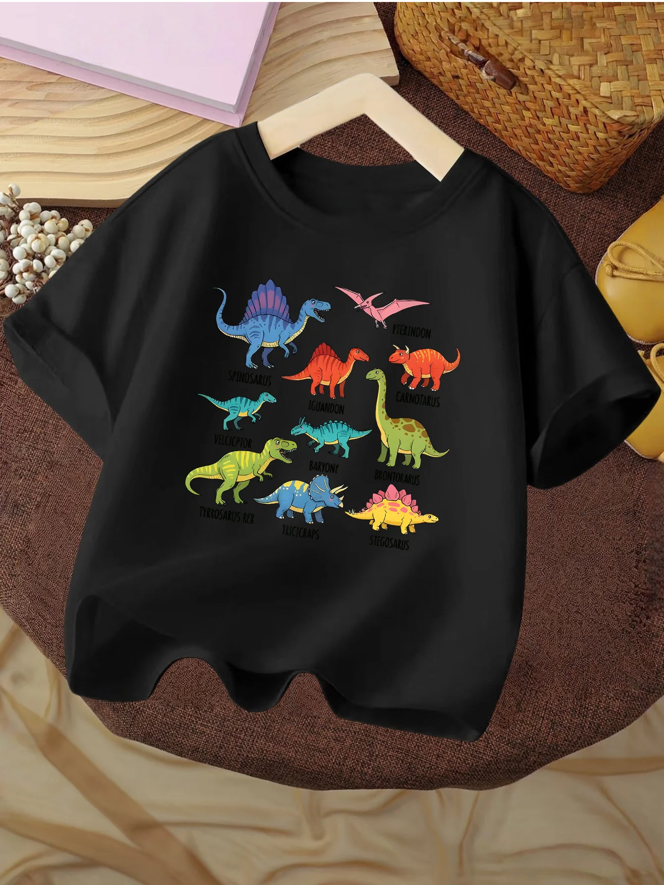 Colorful Various Dinosaurs With Name Label Cute Dino Print Kids T Shirt Boys Girls Family Matching Summer Crew Neck Casual Tee