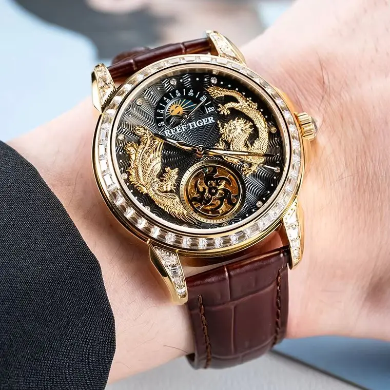 Reef Tiger Men Automatic Watch 42.7mm Mechanical Wristwatch Waterproof Sapphire Mirror Skeleton Dragon Phoenix Dial 24 Hours