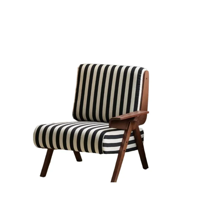 

French retro solid wood sofa chair, black and white striped leisure chair, durable, high-end living room