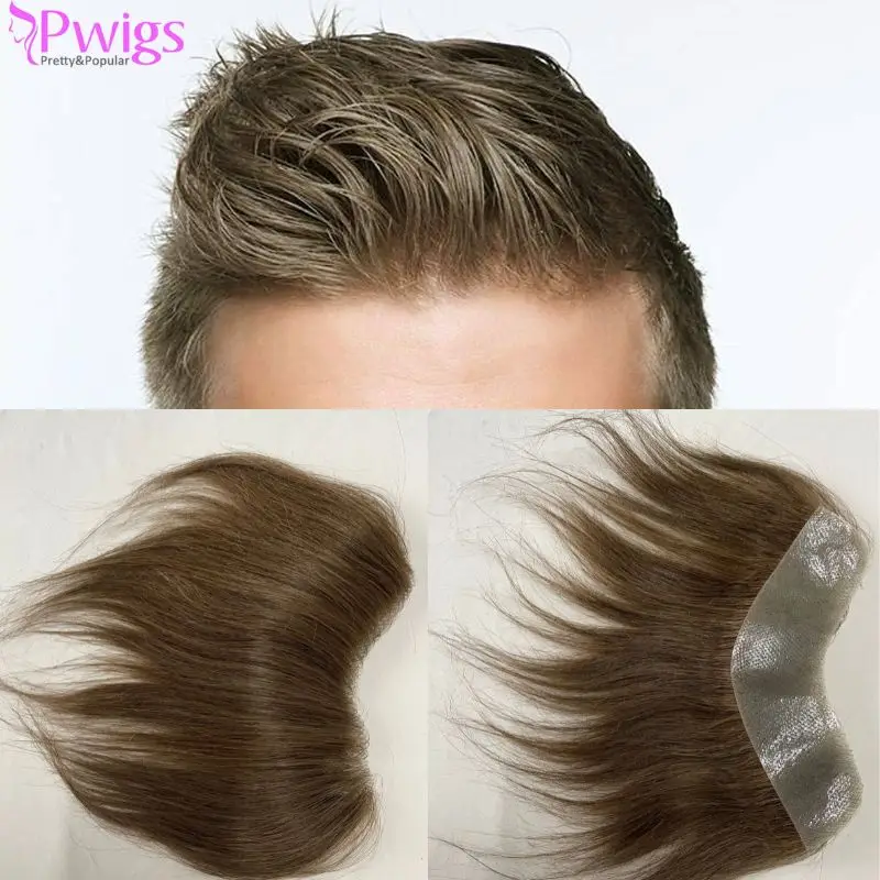 Pwigs-peluquín Frontal en V para hombres, peluquín de piel 100% humana, Topper de polipiel para cabello Natural, tupé de Color 7 #