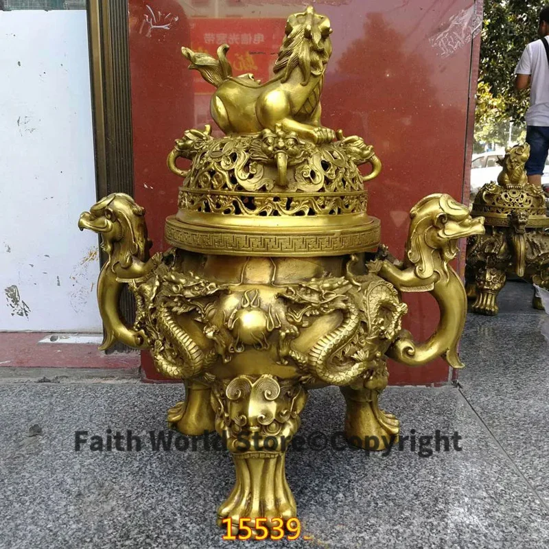 47CM large HOME House Shop hall lobby thriving business money Exorcise evil spirits talisman LION dragon brass censer statue