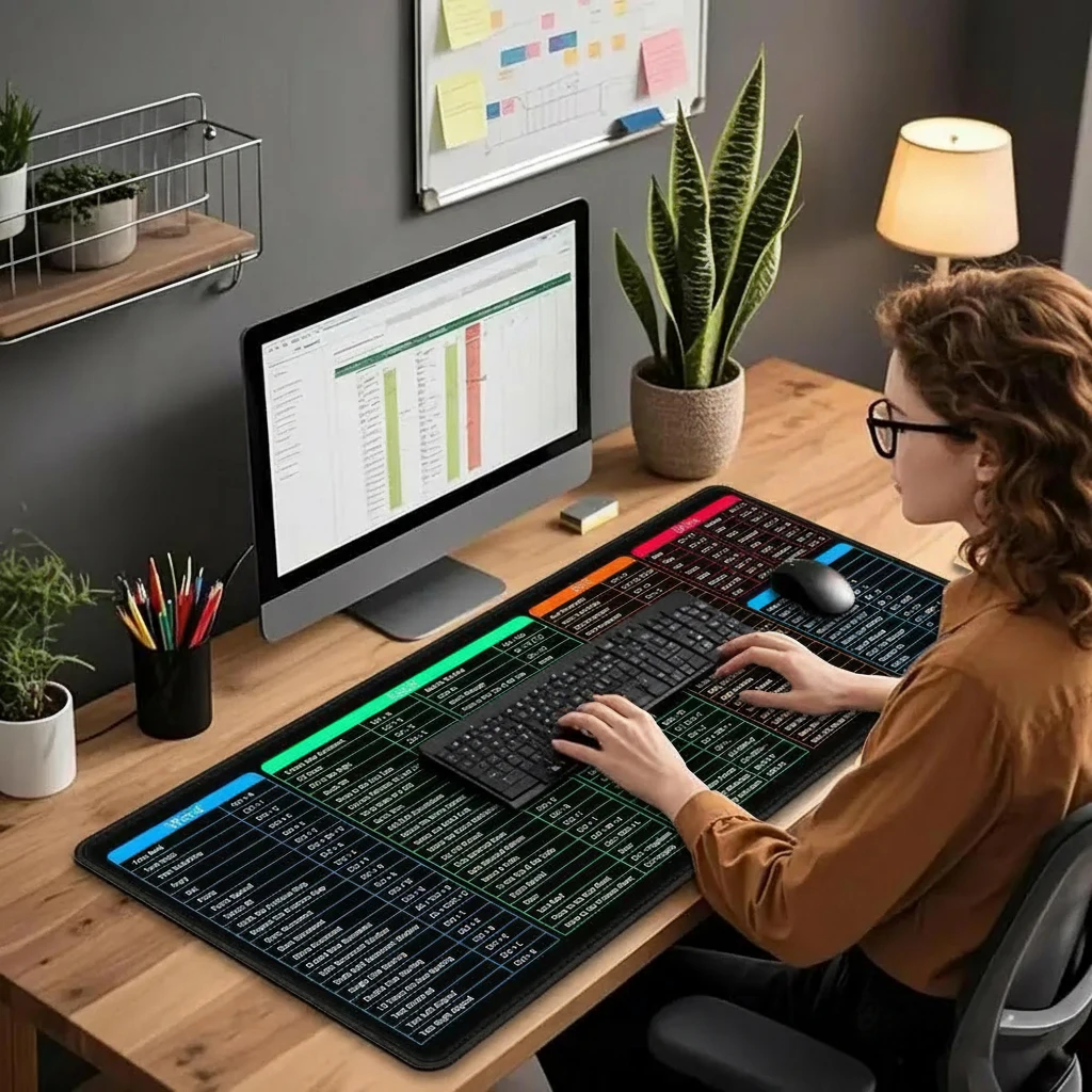 Gaming Mouse Pad, XXL Desk Mat, Non-Slip Base, Stitched Edges, Office Shortcut Keys Word_Excel_Ppt Color Block Printed Desk Mat