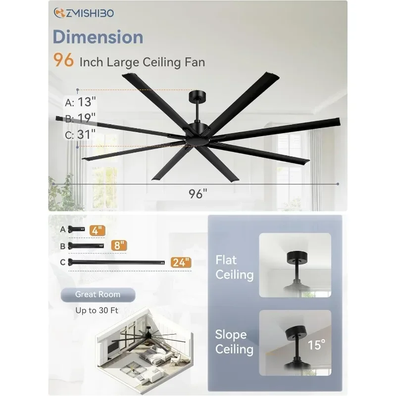 ZMISHIBO 산업용 DC 모터 천장 선풍기 가역 블레이드 다운로드 속도 리모컨, 가정 또는 상업용