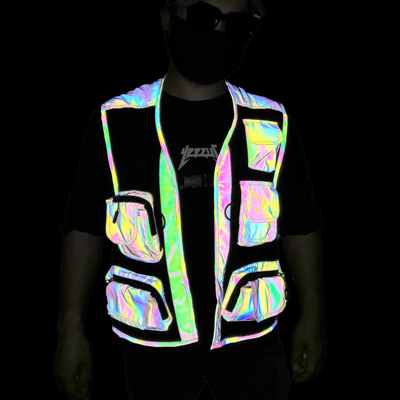 

Fluorescence Reflective Vest Men Outdoor Muliti-pocket Cargo Fishing Vest Cool Net Sleeveless Waistcoat Men Chalecos Para Hombre