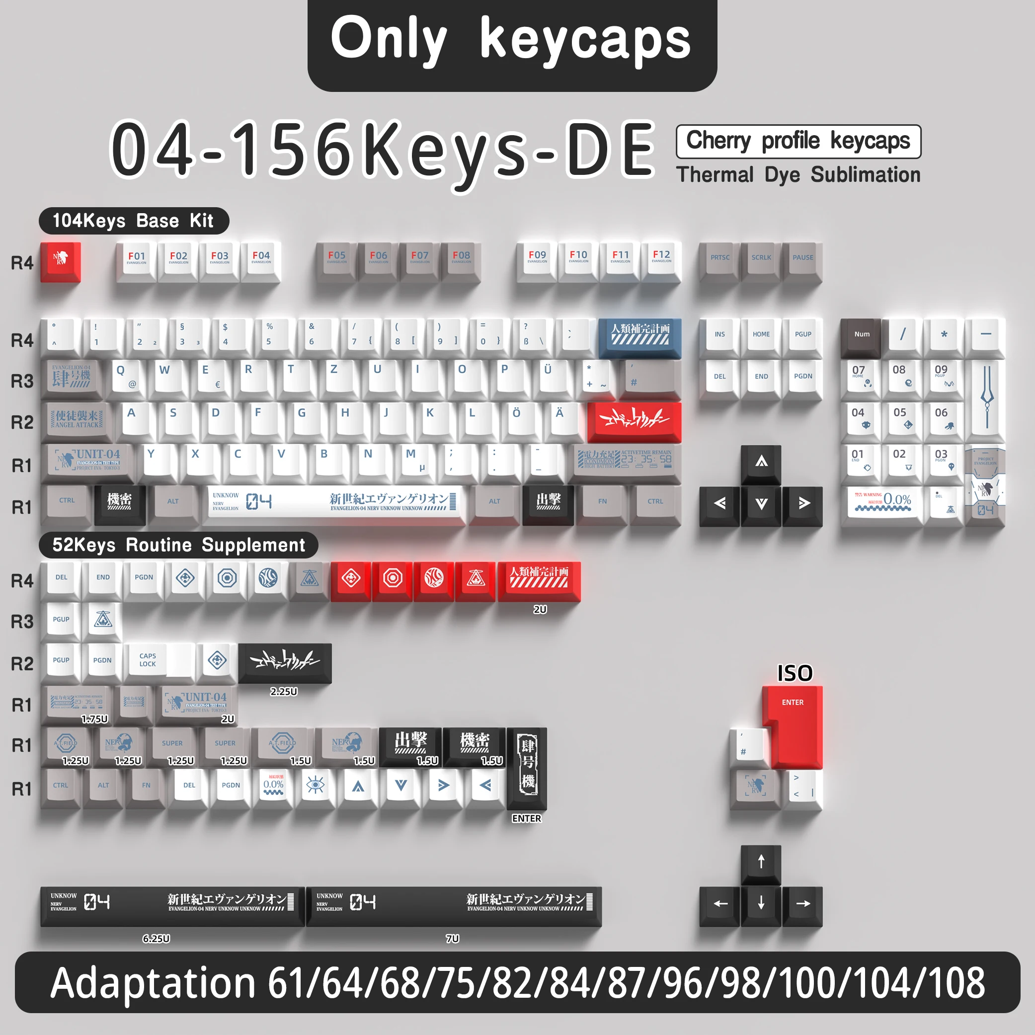 EVA 04 Keycaps PBT English/French/German/Spanish/Abnt 2/Japanese /UK Keycap Cherry Profile For Mechanical Keyboards ISO  Womier