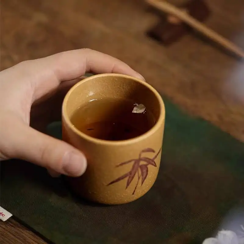 [Changtao]Yixing Purple Original Mineral Segment Clay Handmade Premium Master Cup With Engraved Plum, Orchid, Bamboo, And