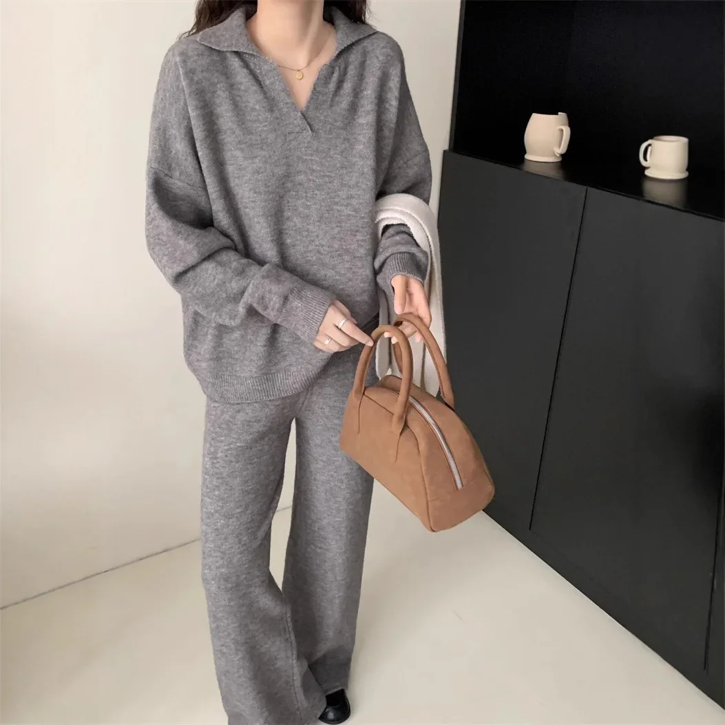

Fashion Wide-leg Pants Sweater Set Women's Autumn and Winter New Casual Jacket Knitted Two-piece Women's Suit