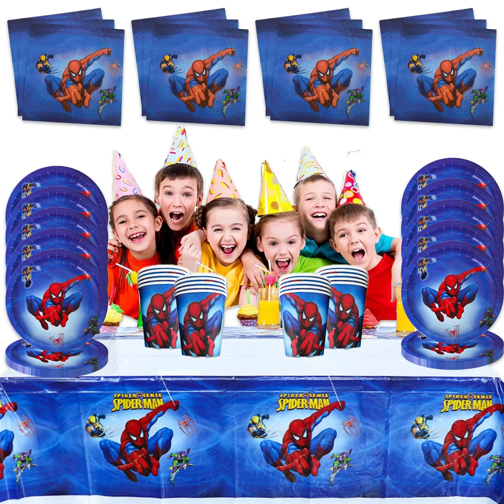 61 pièces/ensemble Décoration d'anniversaire Marvel Spider-Man pour enfants, fournitures de fête d'anniversaire pour garçons : gobelets en papier, assiettes, serviettes, nappes