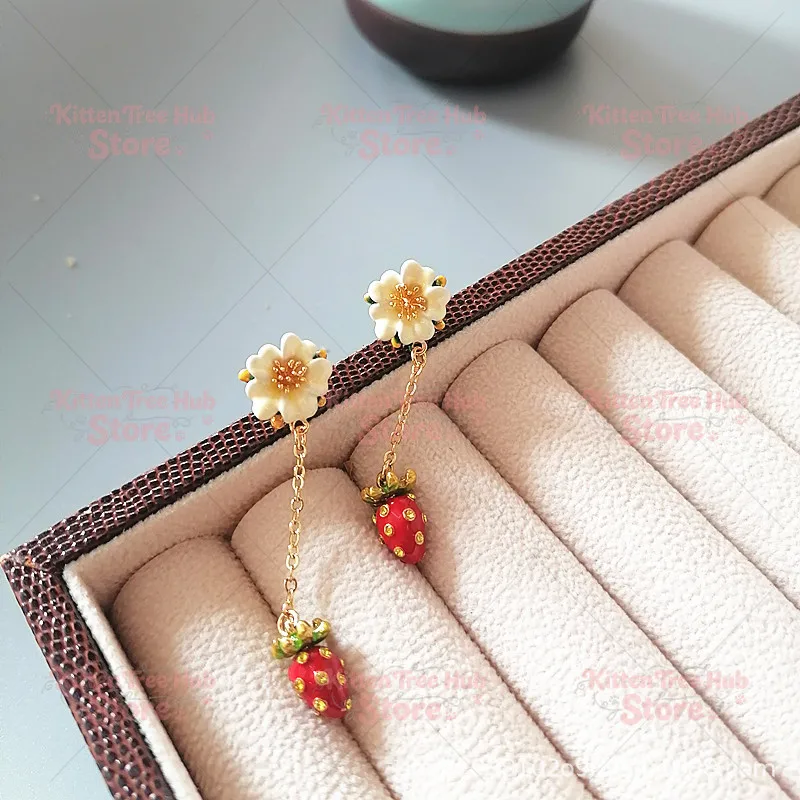 Enamel Painted Flower & Red Strawberry Inlaid Gem Long Pendant Earrings Series Jewelry Set For Women
