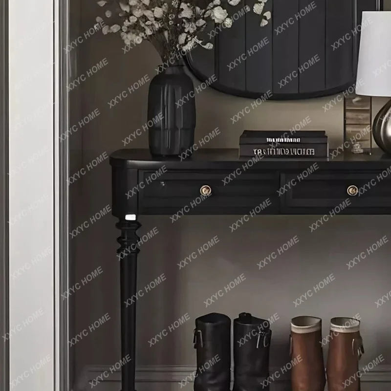 Solid wood entrance table against the wall, ultra-narrow entrance platform, corridor aisle cabinet, retro entry, facing the door
