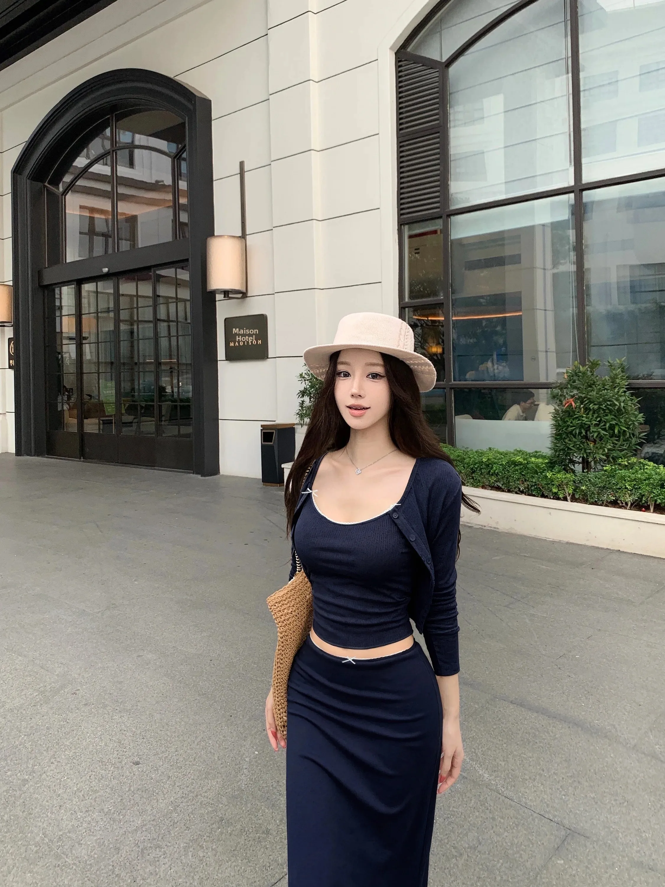 

Trendy Summer Set High Waist Bodycon Skirt Three Piece Women's Fashion Long Sleeve Open Cardigan Undergarment Lace Trim