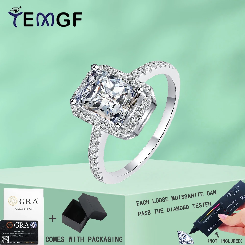 

TEMGF Moissanite Ring for Women Emerald Radiant Cut S925 Sterling Silver Wedding Bridal Band Sparkling Luxury Fine Jewelry Gifts
