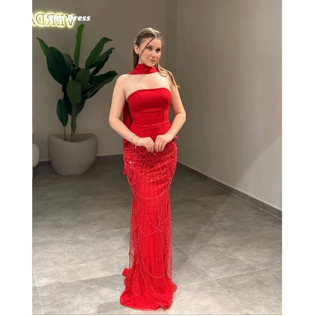 

Lena Long Prom Dresses 2025 Shawl Elegant Dresses Woman Beads Custom Made Red Ball Gown Dress Fish Tail Wedding Party Dress Gala
