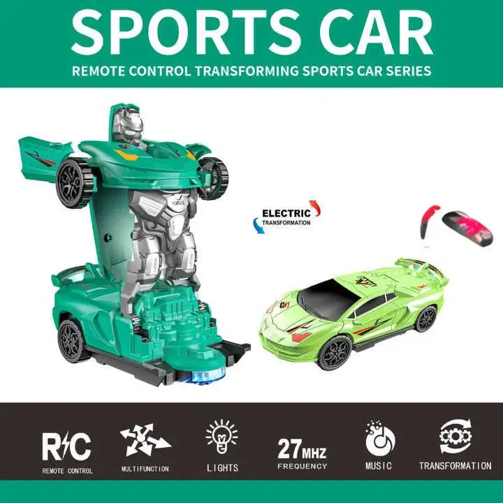 Transforming RC Robot Car Toy, One-Key Deformation with Light Sound, Crash Resistant Police/Sports Car, Boys Birthday Gift