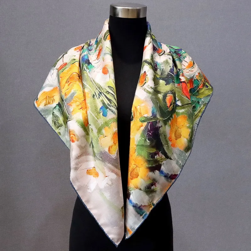 Floral 100% Silk Head Scarves Hijab for Hair Wrapping Womens Fashion Elegant Silk Neckerchief Shawl 90 Silk Bandana Scarf Wraps