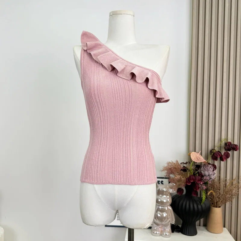 

Корейский модный повседневный вязаный жилет, женская уличная одежда, универсальный дизайн, летняя футболка с оборками, высокое качество, милый шикарный женский топ