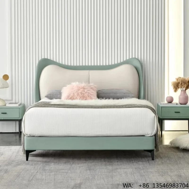

Cat Cute Boys Girls Kids Bed Cartoon Soft Genuine Leather Soft Queen Size King Size Bed Base for Bedroom Furniture Set