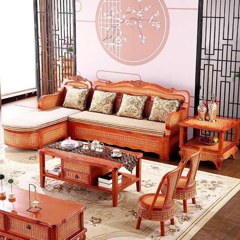 Rattan sofa combination rattan sofa corner small apartment multi-functional push-pull sofa bed