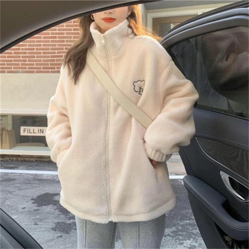 Autumn And Winter New Loose Collar Lambswool Coat Women's Fleece-Lined Thickened Foreign Style Cartoon Bear Plush Pink White Top