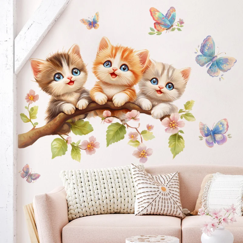 

Cartoon Cute Three Kittens on Branches Butterfly Wall Stickers Bedroom Decorative Stickers Self-Adhesive Removable