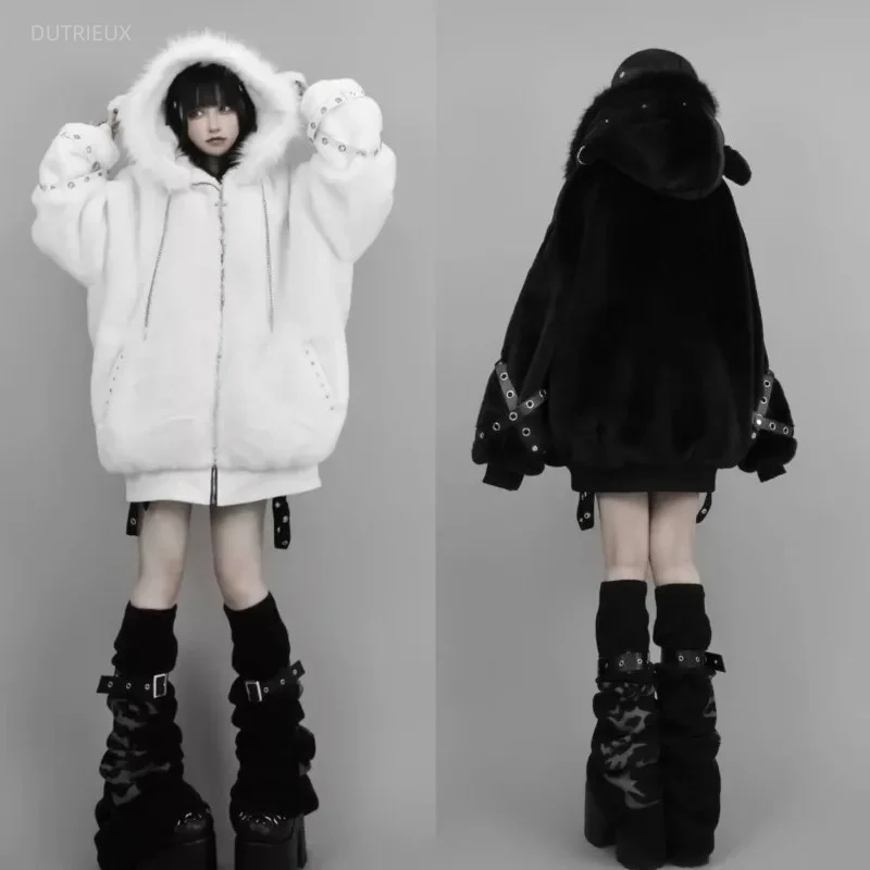 Harajuku Gothic Punk Dark Academia Clothes Fur Patchwork Hoodie Sweatshirts 2026 Autumn Winter New Cardigan Coat Women