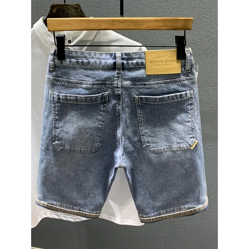 Summer Thin Light Luxury Trendy Brand High End Retro Beggar Perforated Denim Shorts With Men'S Spliced Elastic Straight Capris