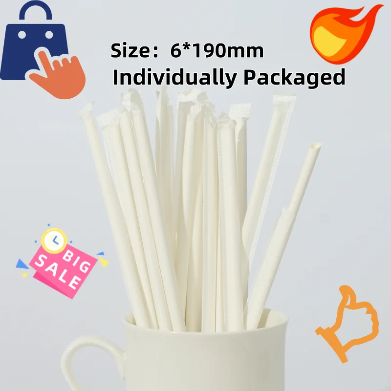 

200PCS-Disposable Paper Straws-6*190mm-Individually Packed with Slanted Mouth-Perfect for restaurants, weddings, parties, desser