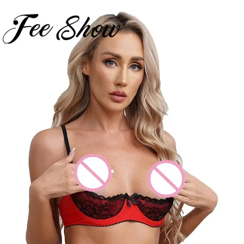 Women Sexy Open Cups Bra Exposed Nipples Lingerie Tops Adjustable Straps Underwire Lace Push Up Brassiere Underwear Nightwear