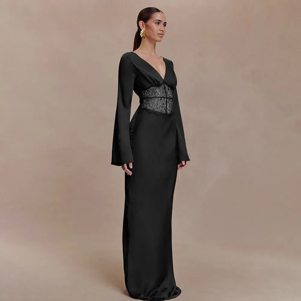 Apprabant Sheer Lace Ptachwork satén elegante vestido largo de noche mujeres Sexy cuello en V profundo temperamento ajustado vestido largo ropa de fiesta