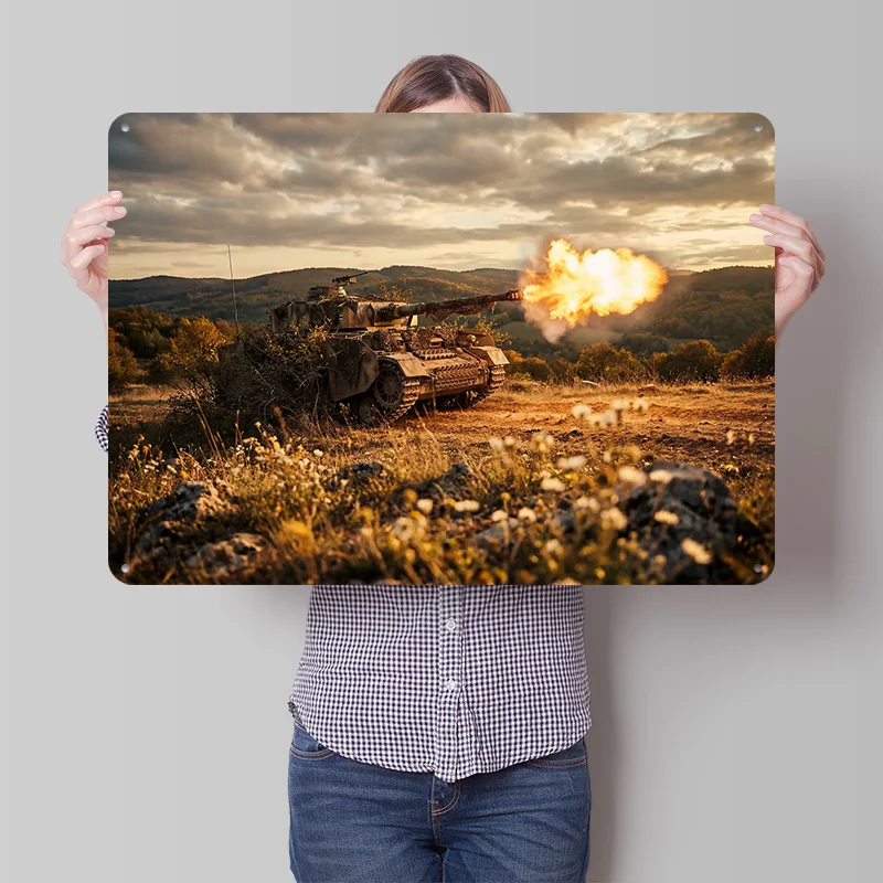 Tank Firing in a Field 3D Texture Printed Poster Custom Vintage Metal Tin Plate Sign for Wall Art Living Room Decoration Items