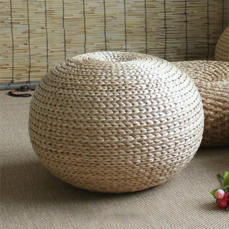 

Japanese style natural straw stool sitting seat living room Spherical round stool rattan cushion natural hand woven foot stool