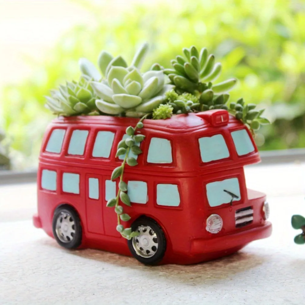 Vintage Double-Decker Bus Resin Planter for Succulents Gardens  Home Office Decor with Drainage Hole Creative Retro Red Planters