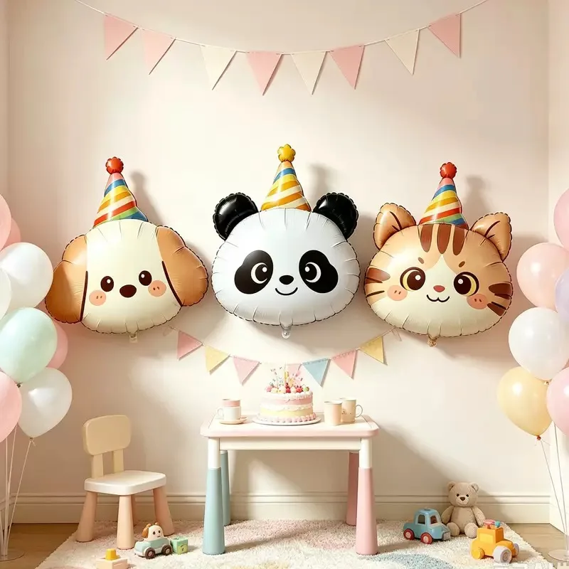 Cartoon birthday hat animal head balloon panda cartoon animal cat dog aluminum film balloon children's birthday decoration