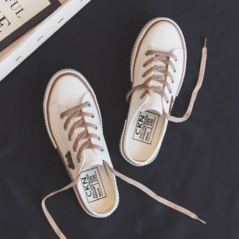 Summer Cute Women\'s Canvas Shoes New Womens Half Slippers Korean Version Female Vulcanized Shoes Lace-up Flat Sneakers Zapatos