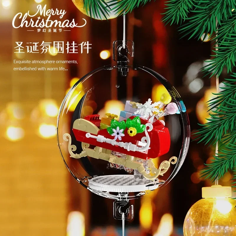 Christmas Tree Decoration Micro Building Blocks Santa Claus Sled House Transparent Ball DIY Assembly Mini Bricks Figure Toys