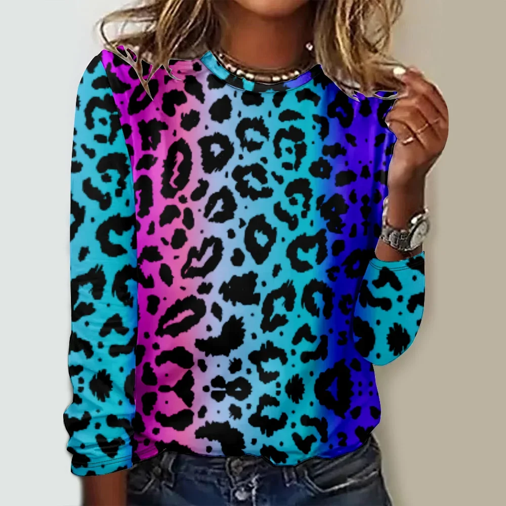 Fashion  O-Neck  Sweatshirt Women Leopard Printed  Lady  Pullover Tops Casual Basic  Long Sleeved  Autumn Winter Clothes