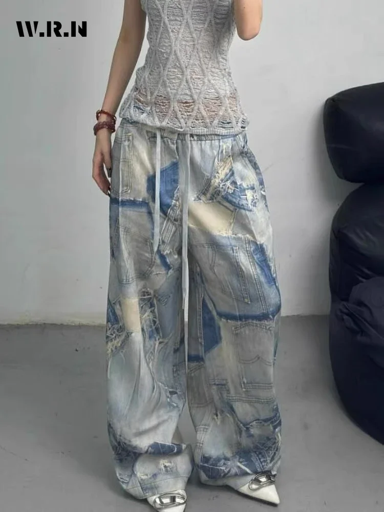 

2024 Summer Vintage Ripped Harajuku Loose Jeans Y2K Drawstring Wide Leg Trashy Pants Women Baggy Elastic Waist Denim Trouser