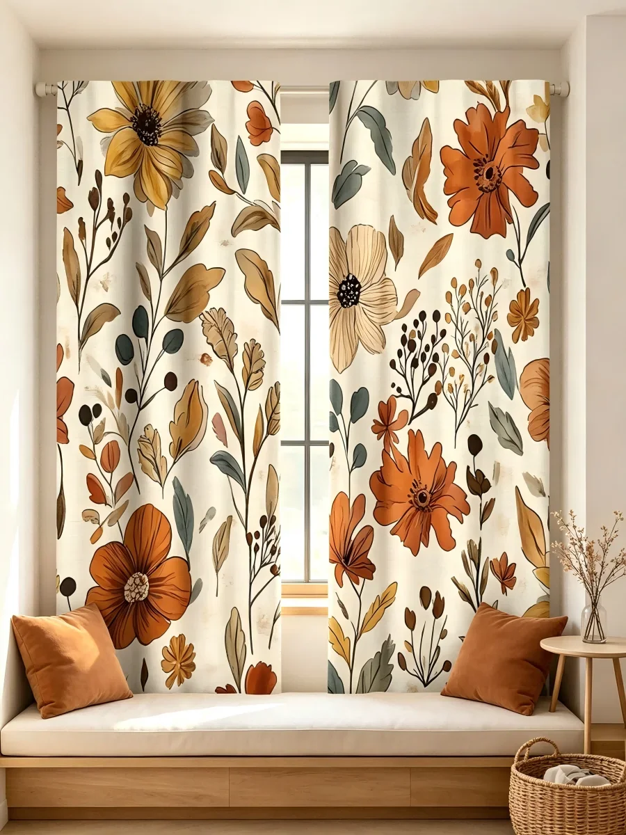 2PCS Digital Printed Curtain, Autumn Orange Floral Flower Pattern, Vintage Boho Fall Style Window Drapes for Living Room Bedroom