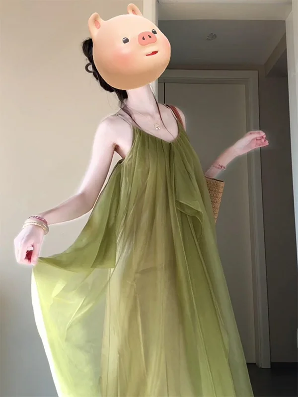 Nuevo Vestido de Verano Verde sin Mangas con Tirantes para Mujer, Ideal para Vacaciones en la Playa, Falda de Tul de Cintura Alta, Atuendo Casual para Citas y Desplazamientos Urbanos