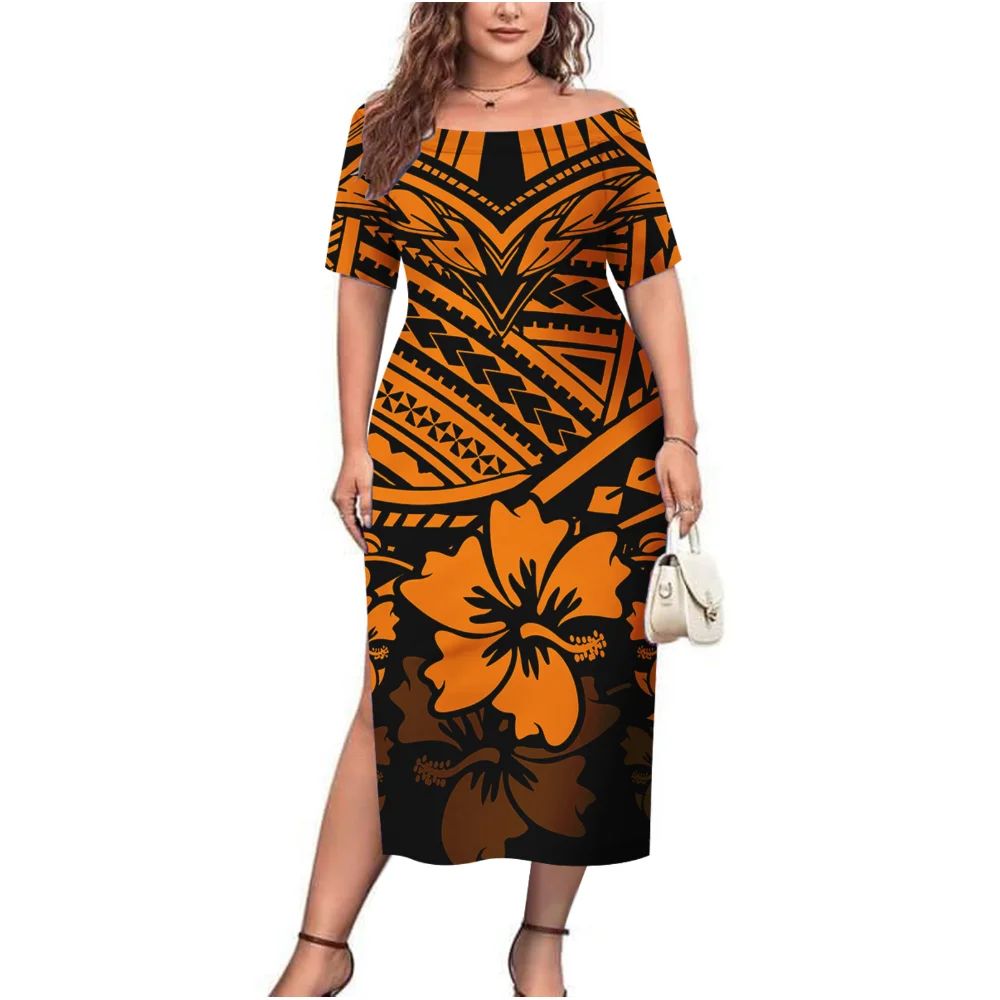 

High-Quality Polynesian High-Definition Printed Custom Pattern Women'S Round-Neck Dress Samoan Party Figure-Hugging Long Dress