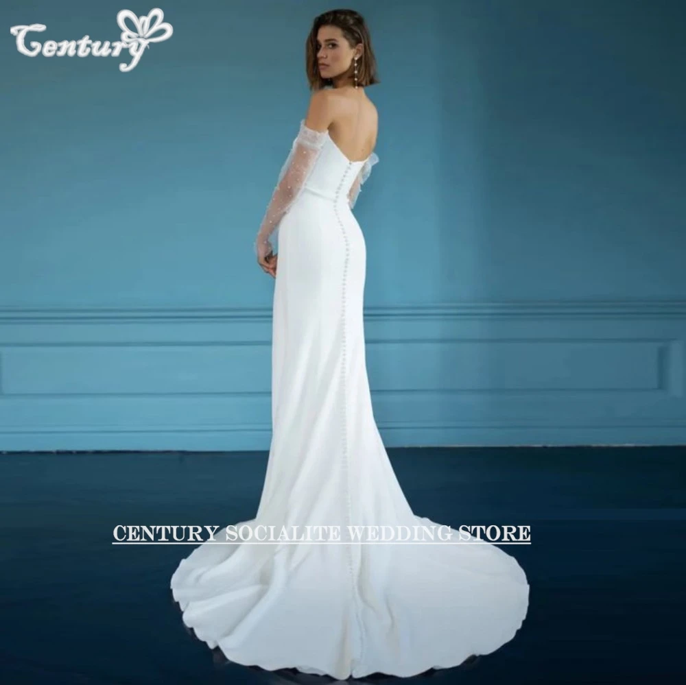 Fora do ombro vestido de casamento manga longa sereia vestidos de noiva pérolas fenda lateral país vestidos de noiva novia personalizado