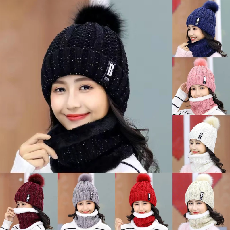 Women's Knitted Caps Plush Pullover Earmuff Bib Cap For Warmth Bonnet Femme Pompom Fur Warm Hat