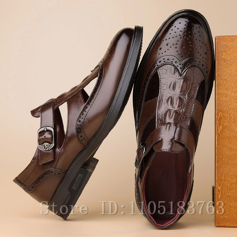 Vintage Men T Bar Buckle Hollow Out Sandals Brogue Perforated Summer Business Casual Oxford Shoes