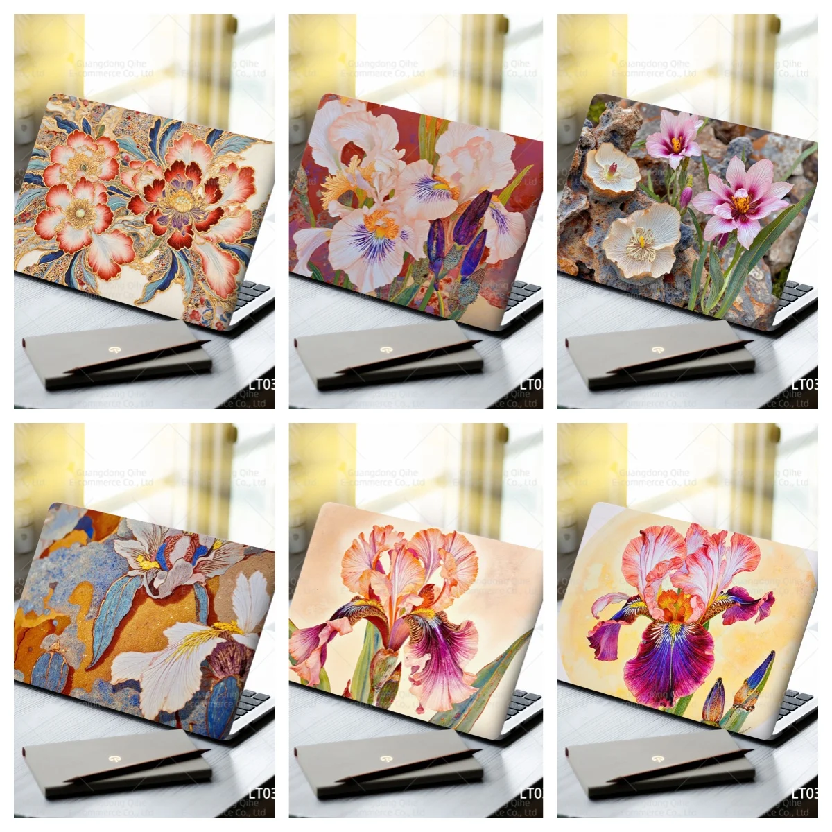 

2-Pack Self-Adhesive PVC Laptop Stickers, Fresh Floral Pattern Cute Notebook Decor