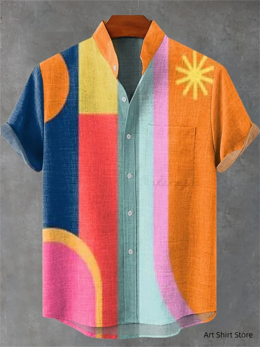 2025 Men's Luxury Casual Simple Summer Art Sunflower Vintage Print Short Sleeve Shirt Comfortable Casual Button Top