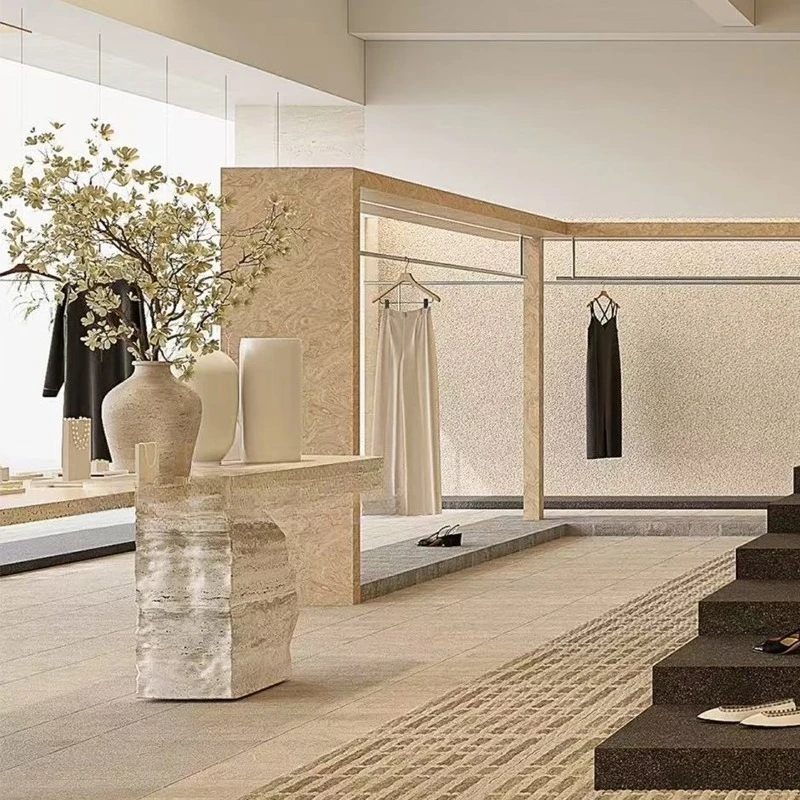 Natural travertine dining table, minimalist villa hotel minimalism, internet-famous French long table