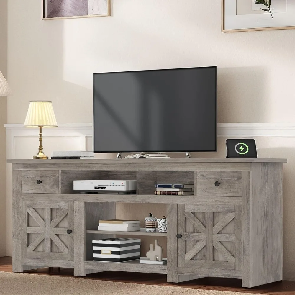 

TV Stand for 75/80 Inch TV, Farmhouse Entertainment Center with Storage, 70 Inch TV Cabinet with Drawers and Power Outl