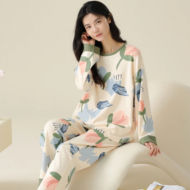 Korean Pajamas Set Women Autumn Spring Long Sleeves Long Pants Cute Sleepwear Soft Pijamas Cozy Pyjamas Girls Pjs Comfy
