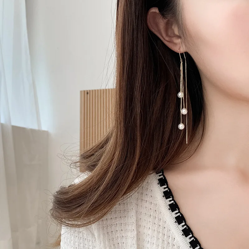 Long Tassel Drop Earrings Dainty Snake Chain Geometric Pearl Threader Jewelry Chic Hanging Pendant Accent Gift For Woman
