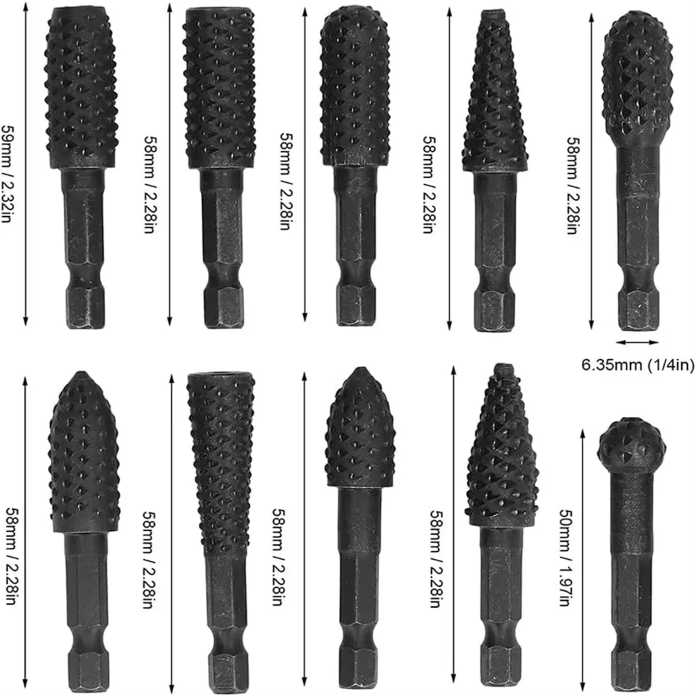 10 Stuks Roterende Rasp Bestand Set 1/4 Inch Zeskant Schacht Roterende Bramen Voor Houtbewerking Carving Rubber Ontbramen Vormgeven Groeven